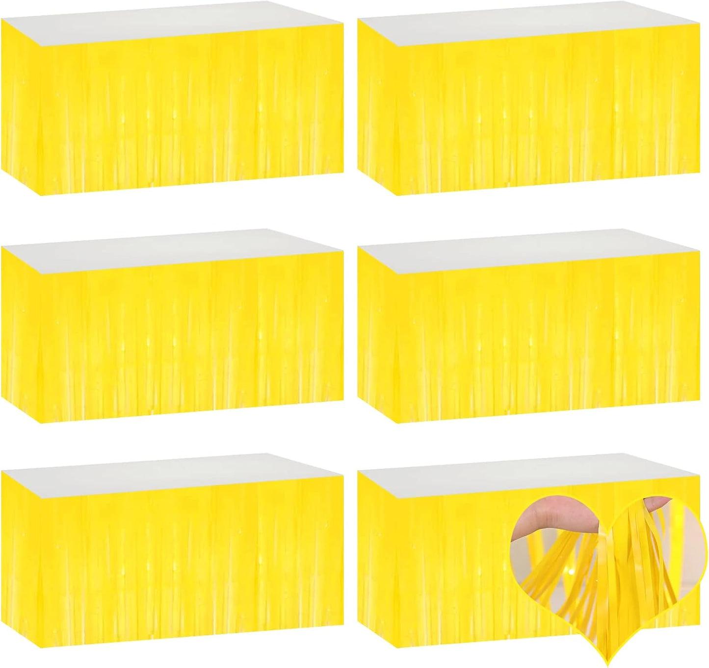 6 Pack 29x108 Inch Yellow Metallic Foil Fringe Table Skirts Banner for Tinsel Streamer Garland Curtains Backdrop for Parade Floats Wedding Baby Shower Birthday Christmas Halloween Party Decoration