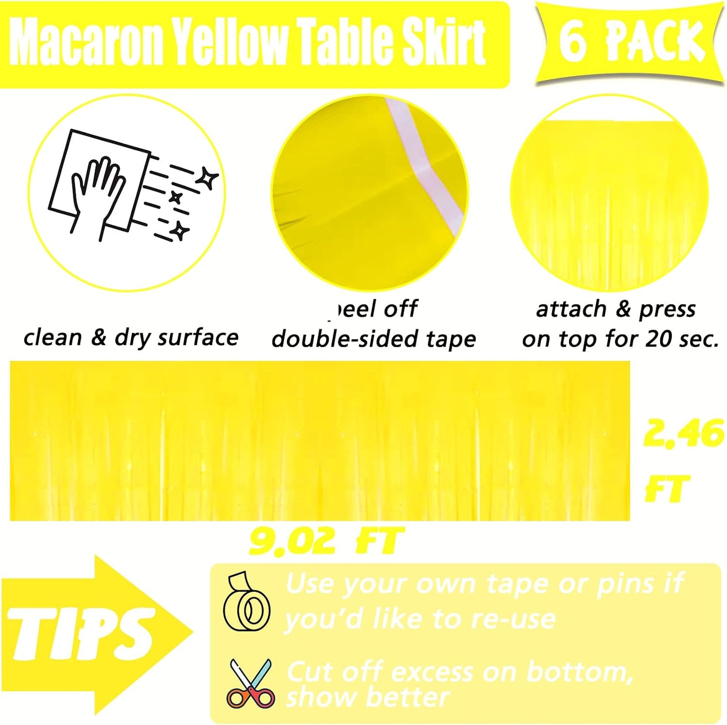 6 Pack 29x108 Inch Yellow Metallic Foil Fringe Table Skirts Banner for Tinsel Streamer Garland Curtains Backdrop for Parade Floats Wedding Baby Shower Birthday Christmas Halloween Party Decoration