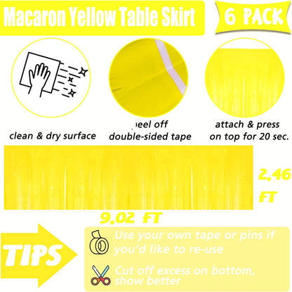 6 Pack 29x108 Inch Yellow Metallic Foil Fringe Table Skirts Banner for Tinsel Streamer Garland Curtains Backdrop for Parade Floats Wedding Baby Shower Birthday Christmas Halloween Party Decoration