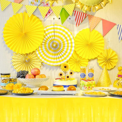 6 Pack 29x108 Inch Yellow Metallic Foil Fringe Table Skirts Banner for Tinsel Streamer Garland Curtains Backdrop for Parade Floats Wedding Baby Shower Birthday Christmas Halloween Party Decoration