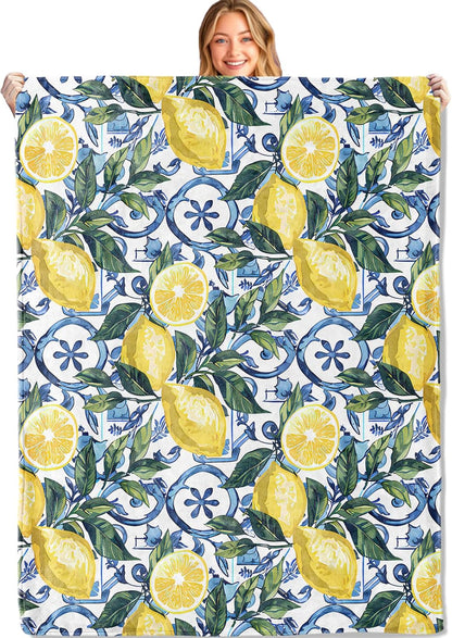 Lemon Fresh Throw Blanket,50x60in,Soft,Lightweight Flannel,Blue Tile and Leaf Fruit Blankets - Gifts for Kids Adult & Food Lovers,for Couch Office Travel,Home Living Room Decor
