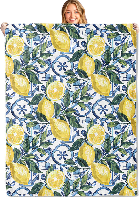 Lemon Fresh Throw Blanket,50x60in,Soft,Lightweight Flannel,Blue Tile and Leaf Fruit Blankets - Gifts for Kids Adult & Food Lovers,for Couch Office Travel,Home Living Room Decor