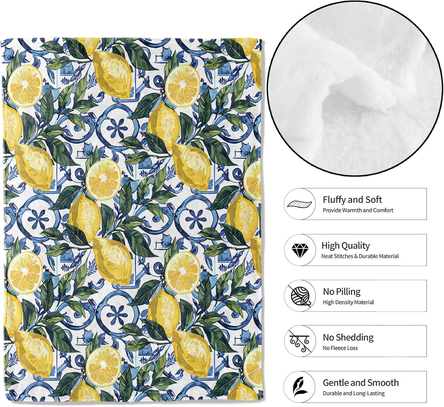 Lemon Fresh Throw Blanket,50x60in,Soft,Lightweight Flannel,Blue Tile and Leaf Fruit Blankets - Gifts for Kids Adult & Food Lovers,for Couch Office Travel,Home Living Room Decor