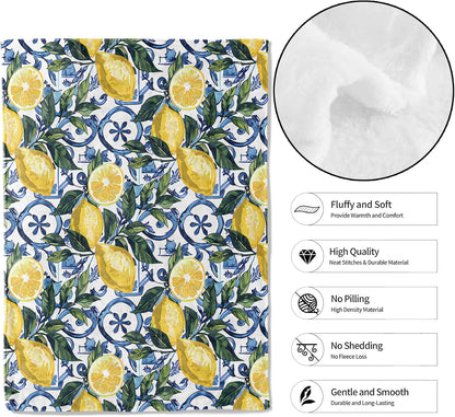 Lemon Fresh Throw Blanket,50x60in,Soft,Lightweight Flannel,Blue Tile and Leaf Fruit Blankets - Gifts for Kids Adult & Food Lovers,for Couch Office Travel,Home Living Room Decor