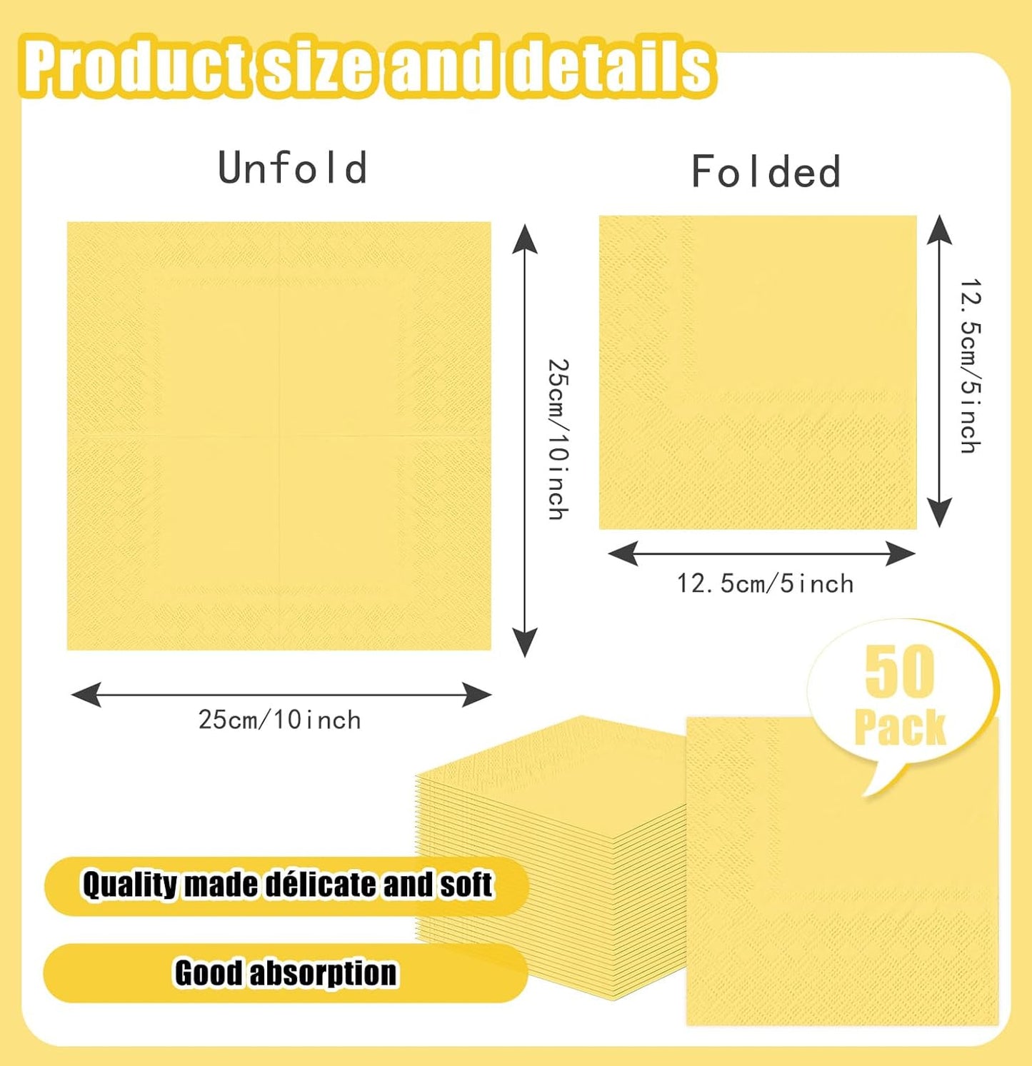 50 Pieces Yellow Napkins Disposable 3-Ply Yellow Cocktail Napkins Paper Dinner Napkins for Birthday Baby Shower Wedding Party Beverage Napkin