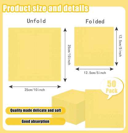 50 Pieces Yellow Napkins Disposable 3-Ply Yellow Cocktail Napkins Paper Dinner Napkins for Birthday Baby Shower Wedding Party Beverage Napkin