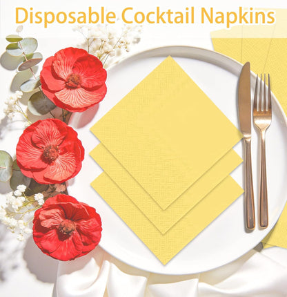 50 Pieces Yellow Napkins Disposable 3-Ply Yellow Cocktail Napkins Paper Dinner Napkins for Birthday Baby Shower Wedding Party Beverage Napkin