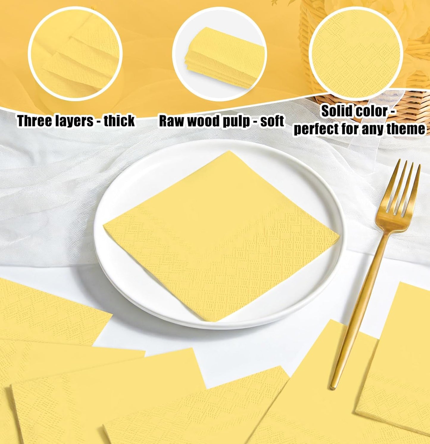 50 Pieces Yellow Napkins Disposable 3-Ply Yellow Cocktail Napkins Paper Dinner Napkins for Birthday Baby Shower Wedding Party Beverage Napkin