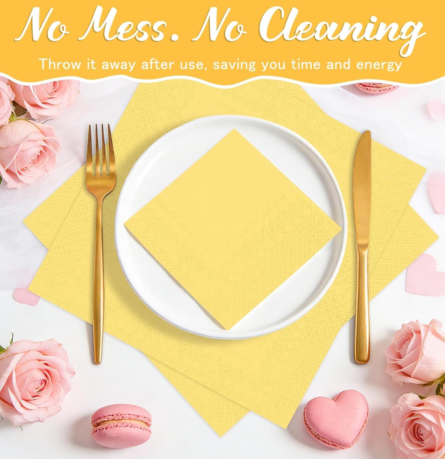 50 Pieces Yellow Napkins Disposable 3-Ply Yellow Cocktail Napkins Paper Dinner Napkins for Birthday Baby Shower Wedding Party Beverage Napkin