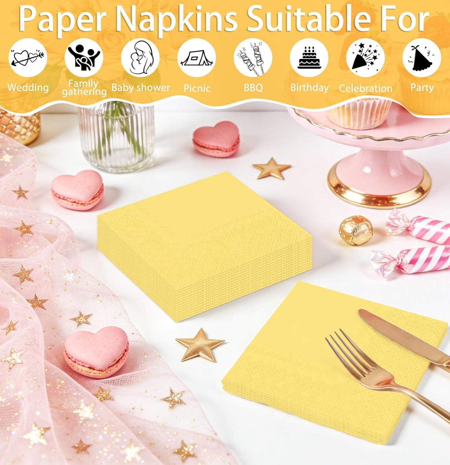 50 Pieces Yellow Napkins Disposable 3-Ply Yellow Cocktail Napkins Paper Dinner Napkins for Birthday Baby Shower Wedding Party Beverage Napkin