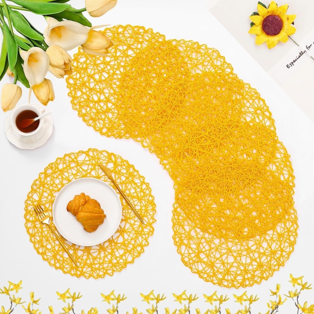 Yellow Round Placemats Set of 6 for Dining Table, 15 Inch Paper Woven Boho Decorative Circle Place Mat for Wedding Christmas Thanksgiving Day Holiday Dinner, 15 Inch,Yellow