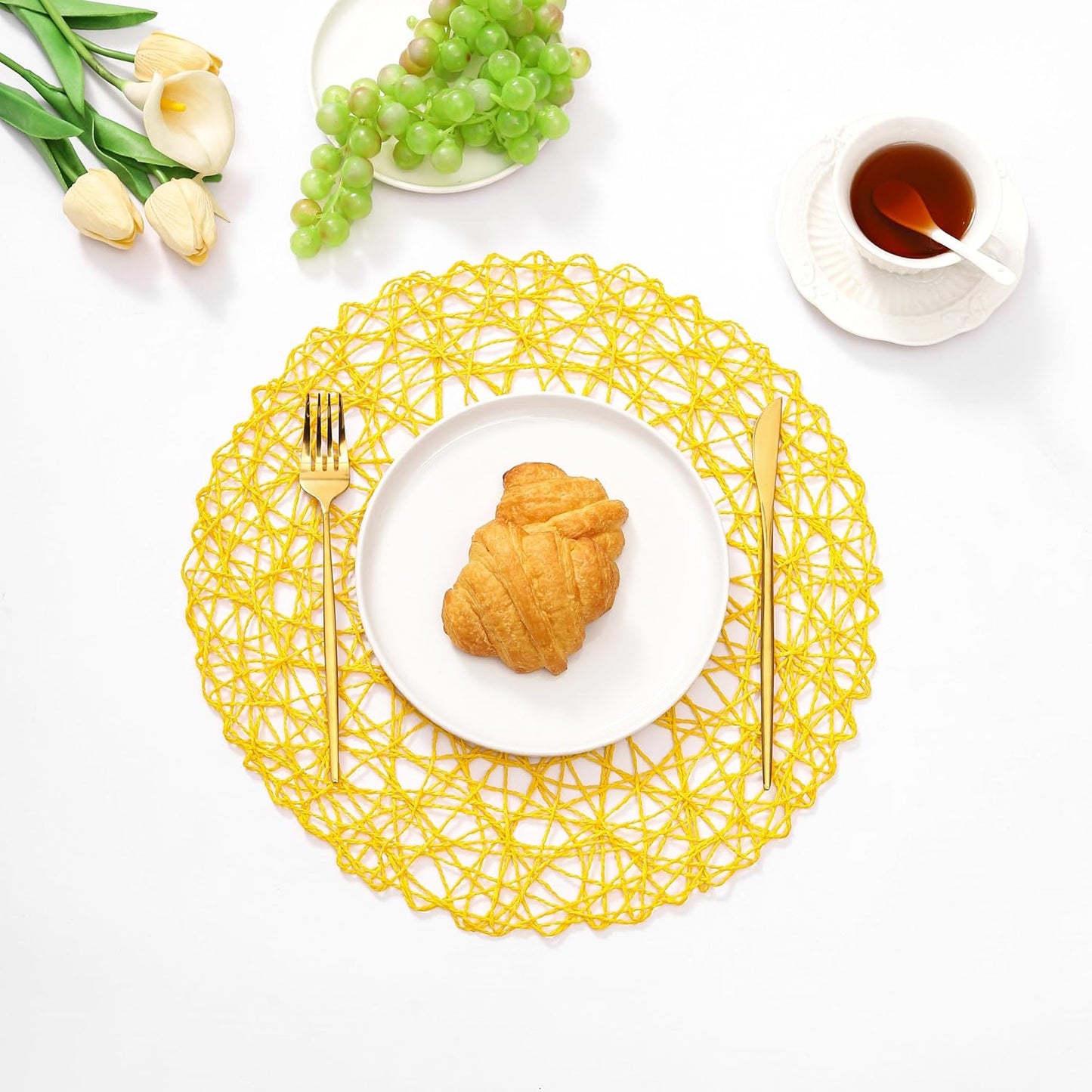 Yellow Round Placemats Set of 6 for Dining Table, 15 Inch Paper Woven Boho Decorative Circle Place Mat for Wedding Christmas Thanksgiving Day Holiday Dinner, 15 Inch,Yellow