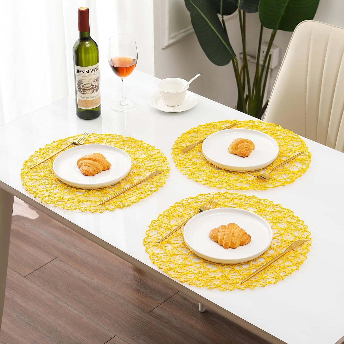 Yellow Round Placemats Set of 6 for Dining Table, 15 Inch Paper Woven Boho Decorative Circle Place Mat for Wedding Christmas Thanksgiving Day Holiday Dinner, 15 Inch,Yellow