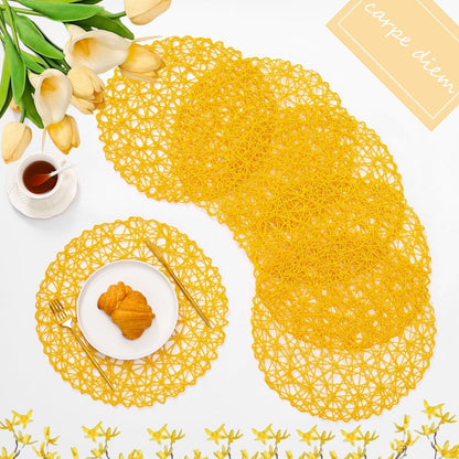 Yellow Round Placemats Set of 6 for Dining Table, 15 Inch Paper Woven Boho Decorative Circle Place Mat for Wedding Christmas Thanksgiving Day Holiday Dinner, 15 Inch,Yellow