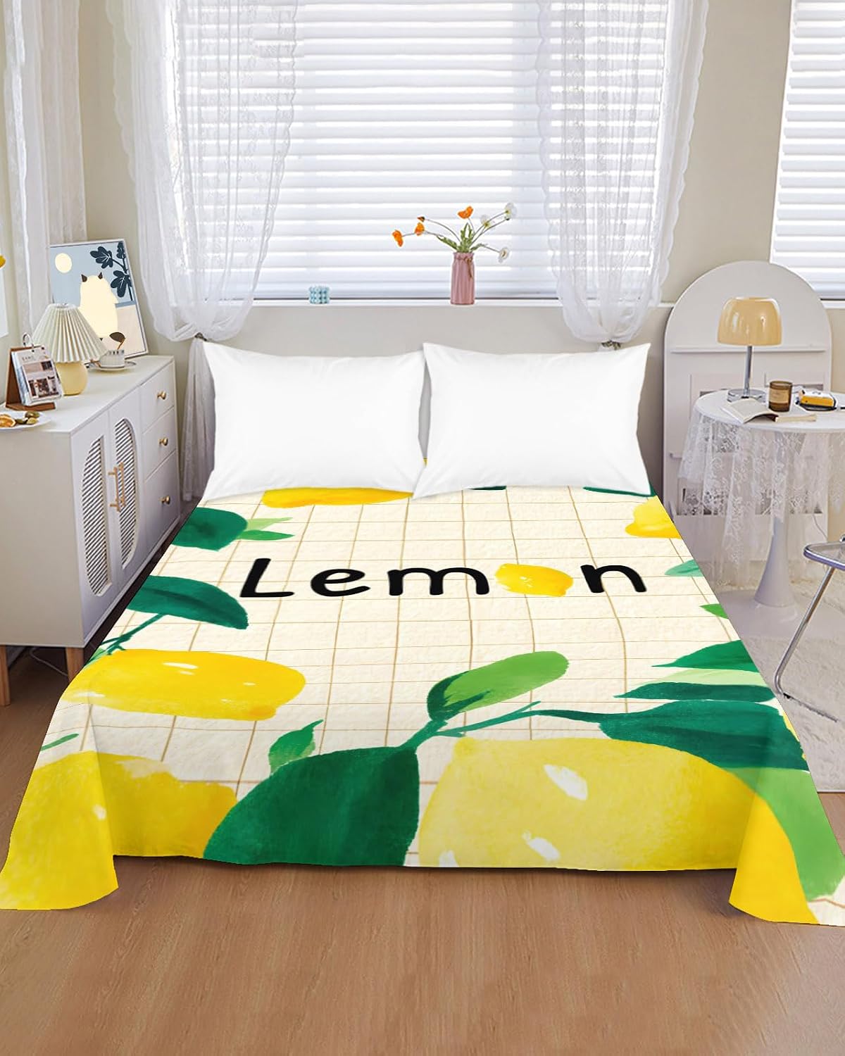 Twin Size Flat Sheet Only, Summer Lemon Leaf Plaid Stripe Bed Top Sheet Soft Microfiber Breathable Bedding Flat Sheets, Country Yellow Fruit Green Leaves Top Sheets Hotel Luxury