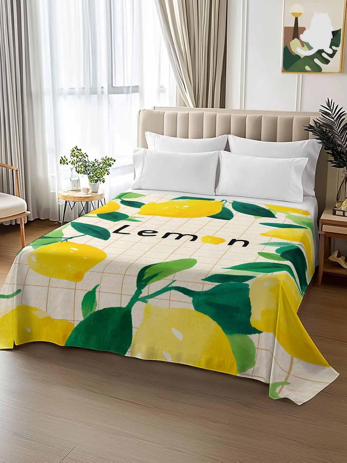 Twin Size Flat Sheet Only, Summer Lemon Leaf Plaid Stripe Bed Top Sheet Soft Microfiber Breathable Bedding Flat Sheets, Country Yellow Fruit Green Leaves Top Sheets Hotel Luxury