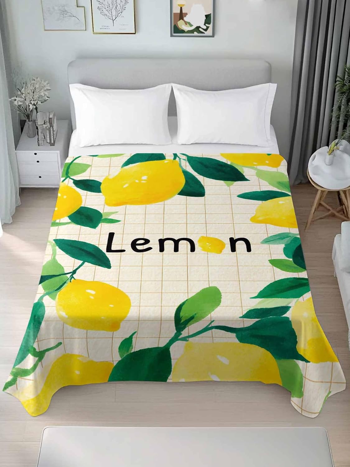 Twin Size Flat Sheet Only, Summer Lemon Leaf Plaid Stripe Bed Top Sheet Soft Microfiber Breathable Bedding Flat Sheets, Country Yellow Fruit Green Leaves Top Sheets Hotel Luxury