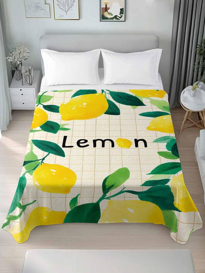 Twin Size Flat Sheet Only, Summer Lemon Leaf Plaid Stripe Bed Top Sheet Soft Microfiber Breathable Bedding Flat Sheets, Country Yellow Fruit Green Leaves Top Sheets Hotel Luxury
