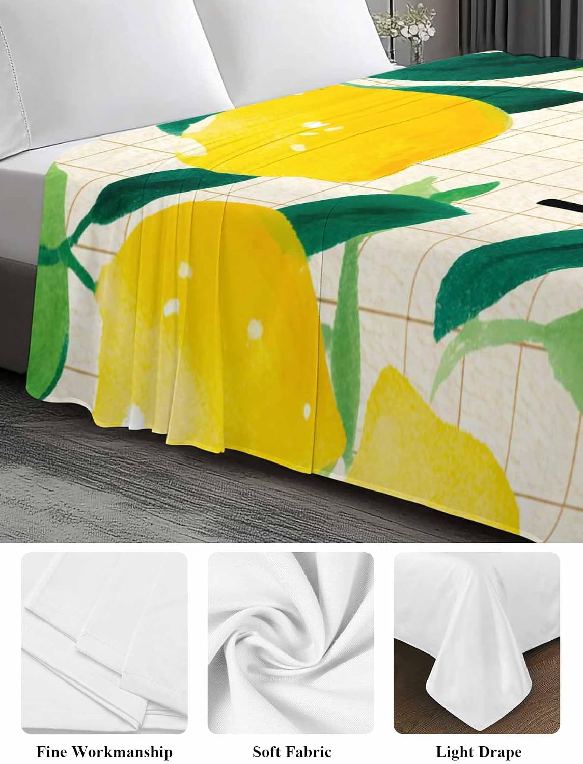 Twin Size Flat Sheet Only, Summer Lemon Leaf Plaid Stripe Bed Top Sheet Soft Microfiber Breathable Bedding Flat Sheets, Country Yellow Fruit Green Leaves Top Sheets Hotel Luxury