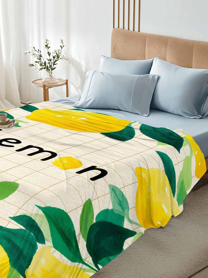 Twin Size Flat Sheet Only, Summer Lemon Leaf Plaid Stripe Bed Top Sheet Soft Microfiber Breathable Bedding Flat Sheets, Country Yellow Fruit Green Leaves Top Sheets Hotel Luxury