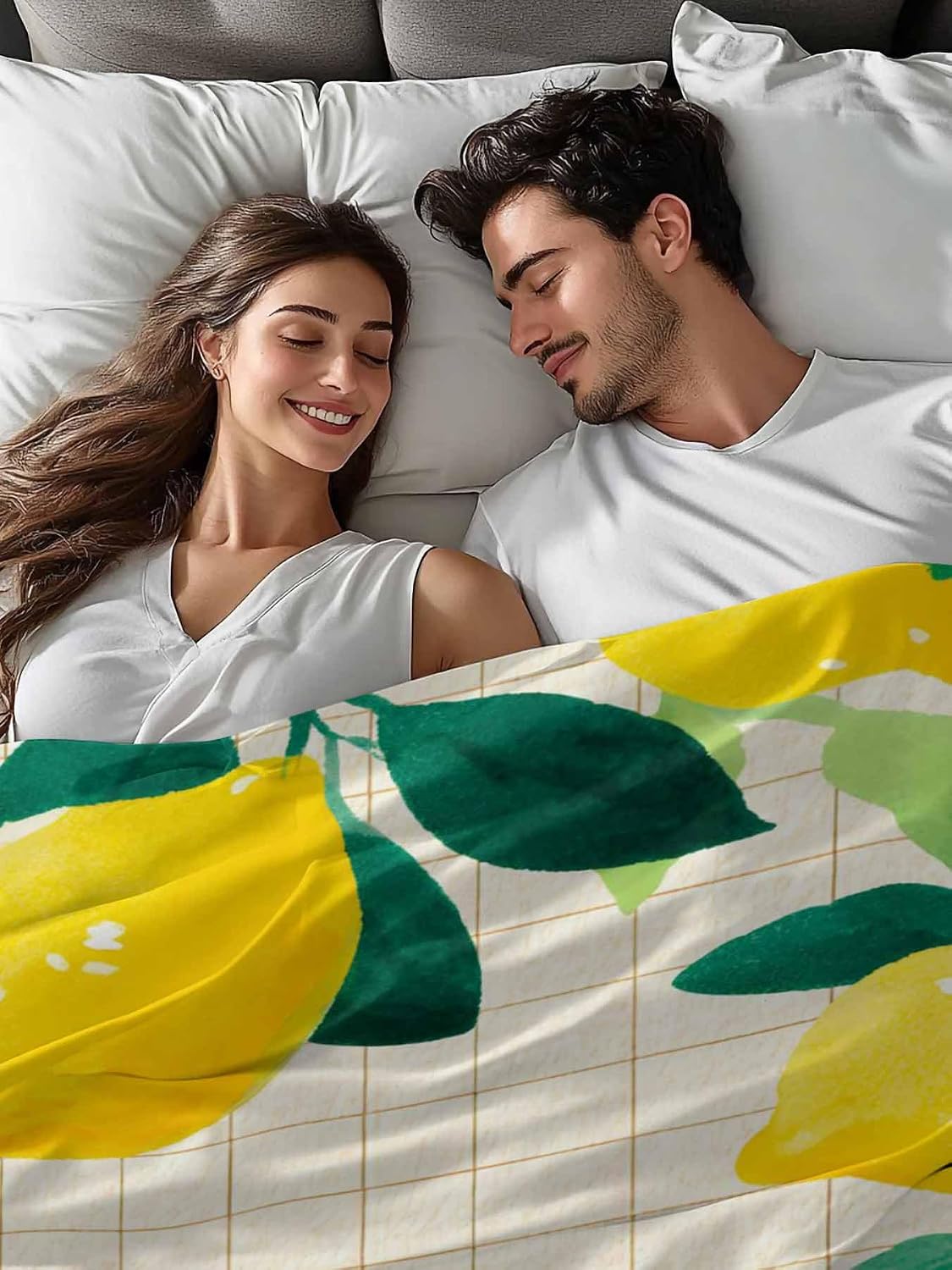 Twin Size Flat Sheet Only, Summer Lemon Leaf Plaid Stripe Bed Top Sheet Soft Microfiber Breathable Bedding Flat Sheets, Country Yellow Fruit Green Leaves Top Sheets Hotel Luxury