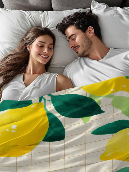 Twin Size Flat Sheet Only, Summer Lemon Leaf Plaid Stripe Bed Top Sheet Soft Microfiber Breathable Bedding Flat Sheets, Country Yellow Fruit Green Leaves Top Sheets Hotel Luxury