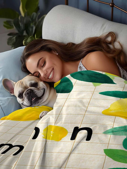 Twin Size Flat Sheet Only, Summer Lemon Leaf Plaid Stripe Bed Top Sheet Soft Microfiber Breathable Bedding Flat Sheets, Country Yellow Fruit Green Leaves Top Sheets Hotel Luxury