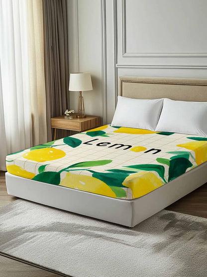Twin Size Flat Sheet Only, Summer Lemon Leaf Plaid Stripe Bed Top Sheet Soft Microfiber Breathable Bedding Flat Sheets, Country Yellow Fruit Green Leaves Top Sheets Hotel Luxury