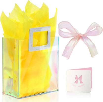 1 Pack Holographic Gift Bags with Handles & 2 Tissue Paper Sheets – Iridescent Transparent Reusable Bags for Women, Girls, Birthdays, Weddings，Yellow Gift Bag