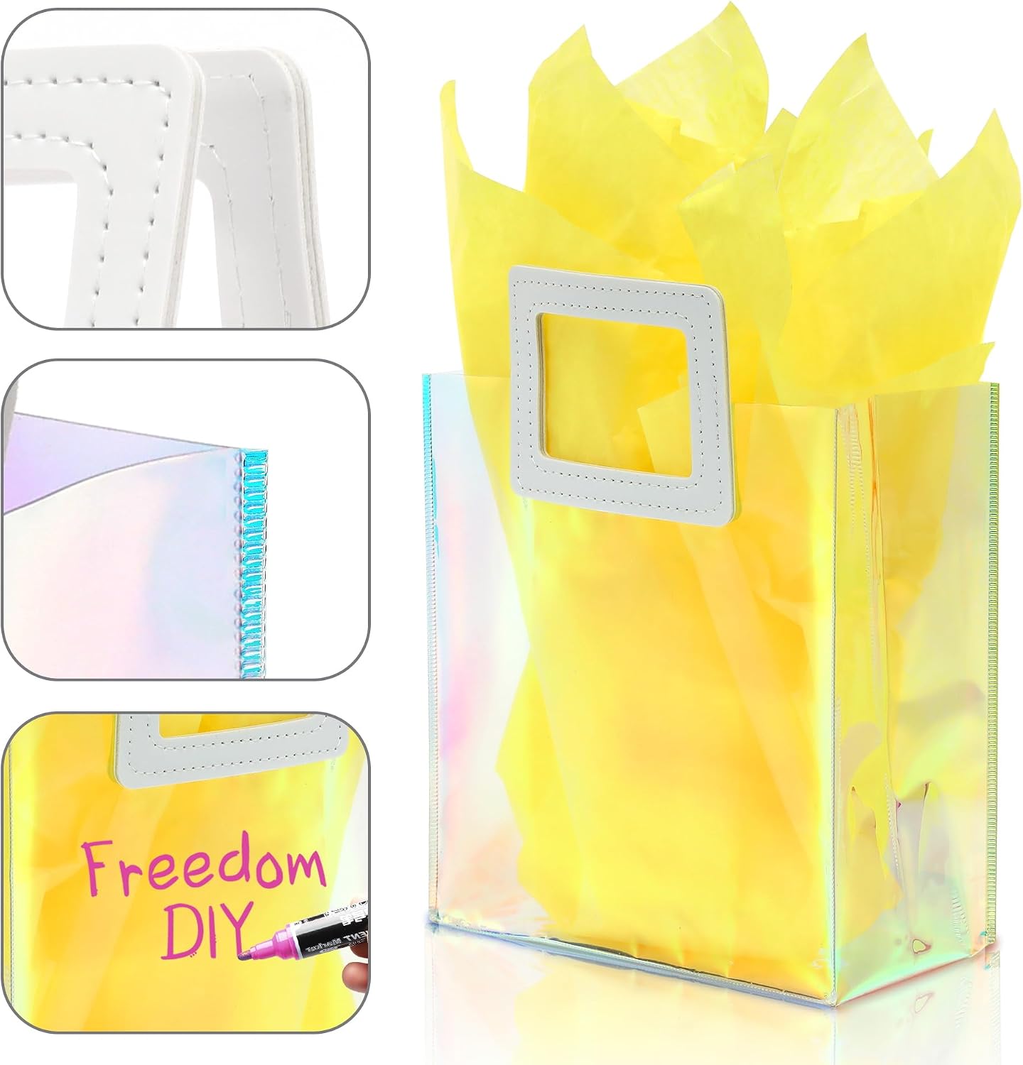 1 Pack Holographic Gift Bags with Handles & 2 Tissue Paper Sheets – Iridescent Transparent Reusable Bags for Women, Girls, Birthdays, Weddings，Yellow Gift Bag
