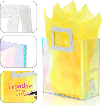 1 Pack Holographic Gift Bags with Handles & 2 Tissue Paper Sheets – Iridescent Transparent Reusable Bags for Women, Girls, Birthdays, Weddings，Yellow Gift Bag