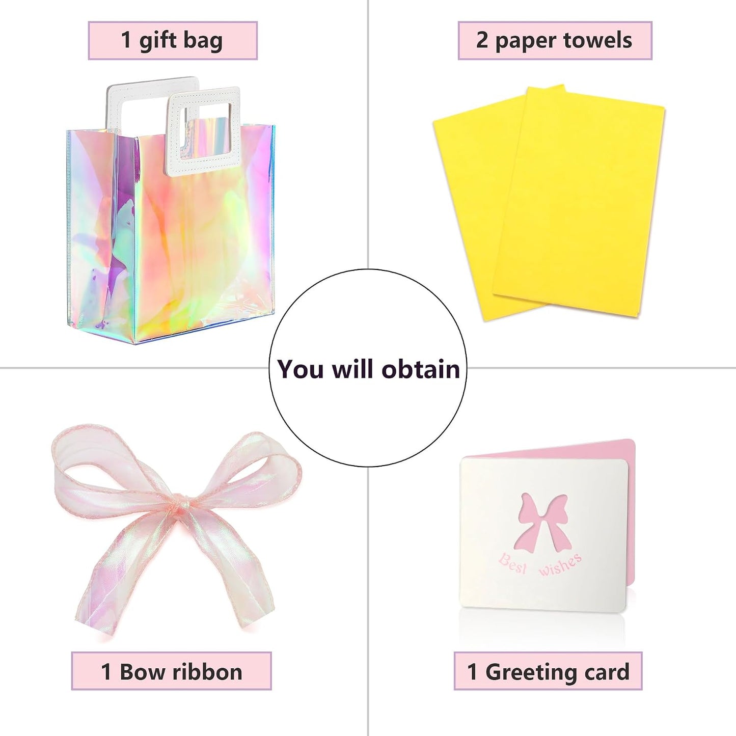 1 Pack Holographic Gift Bags with Handles & 2 Tissue Paper Sheets – Iridescent Transparent Reusable Bags for Women, Girls, Birthdays, Weddings，Yellow Gift Bag