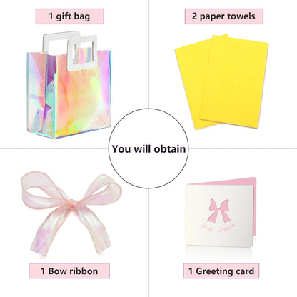 1 Pack Holographic Gift Bags with Handles & 2 Tissue Paper Sheets – Iridescent Transparent Reusable Bags for Women, Girls, Birthdays, Weddings，Yellow Gift Bag