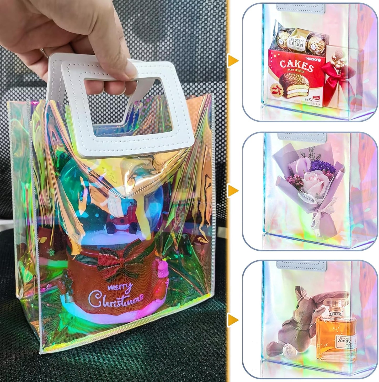 1 Pack Holographic Gift Bags with Handles & 2 Tissue Paper Sheets – Iridescent Transparent Reusable Bags for Women, Girls, Birthdays, Weddings，Yellow Gift Bag