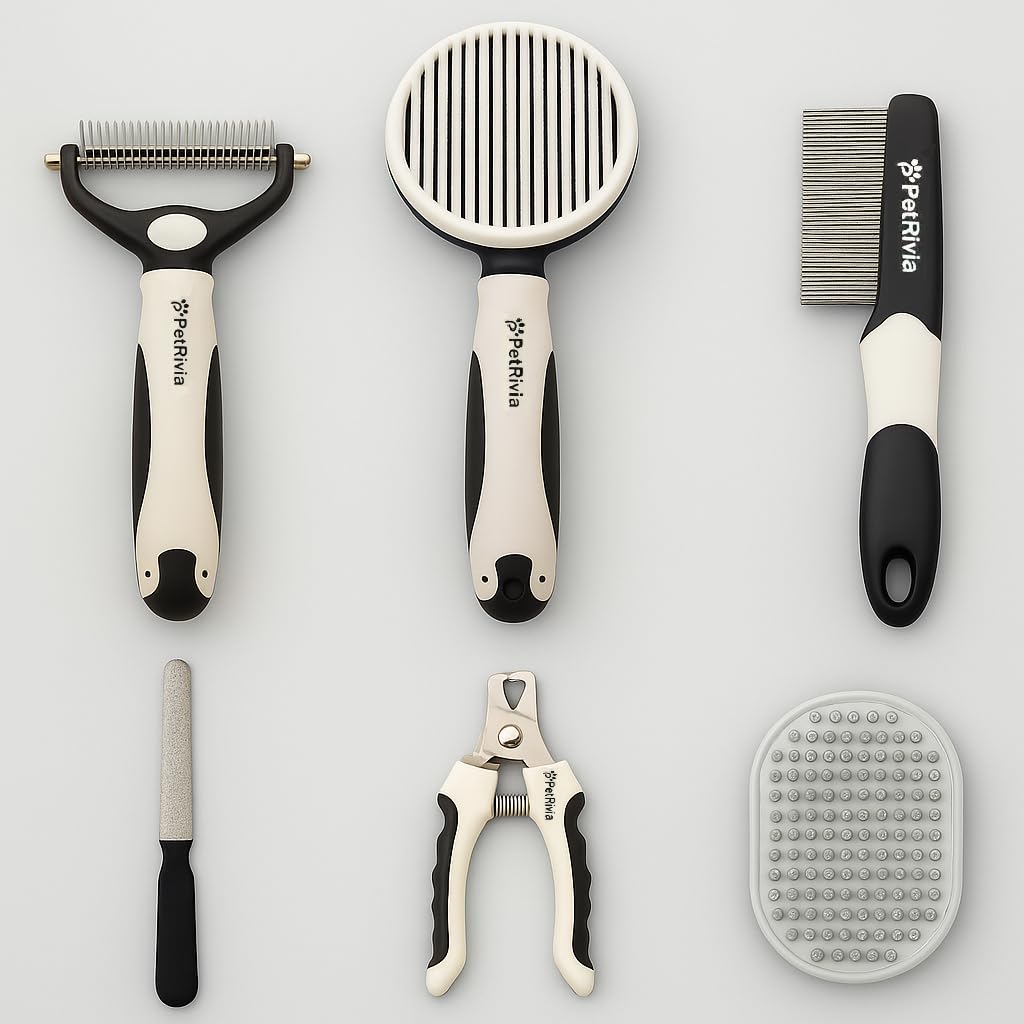 6-in-1 Pet Grooming Kit with Self Cleaning Slicker Brush, Double-Sided Dematting Undercoat Rake, Metal Grooming Comb, Dog & Cat Nail Clippers, Shedding Tool for Dogs, Cats & Rabbits