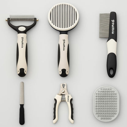 6-in-1 Pet Grooming Kit with Self Cleaning Slicker Brush, Double-Sided Dematting Undercoat Rake, Metal Grooming Comb, Dog & Cat Nail Clippers, Shedding Tool for Dogs, Cats & Rabbits
