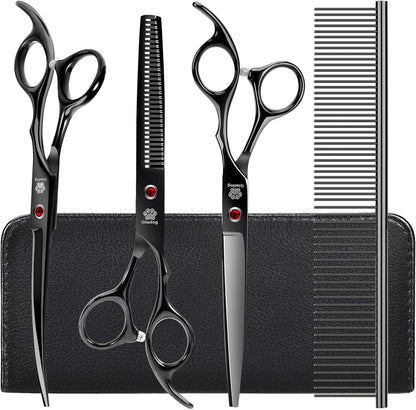 Dog Grooming Scissors Kit with Safety Round Tips, Professional 5 in 1 Grooming Scissors for Dog and cat