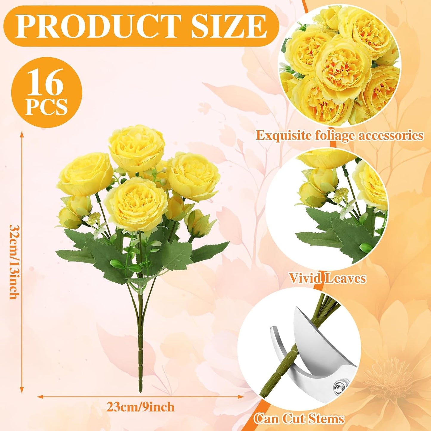 16 Pack Yellow Peonies Artificial Flowers, Fake Silk Hydrangea Bouquet for Bridal Wedding Home Table Decor Reusable Dining Opening Ceremony Birthday Arrangement Faux Floral