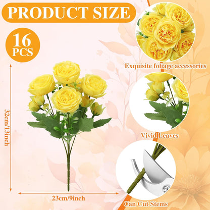 16 Pack Yellow Peonies Artificial Flowers, Fake Silk Hydrangea Bouquet for Bridal Wedding Home Table Decor Reusable Dining Opening Ceremony Birthday Arrangement Faux Floral