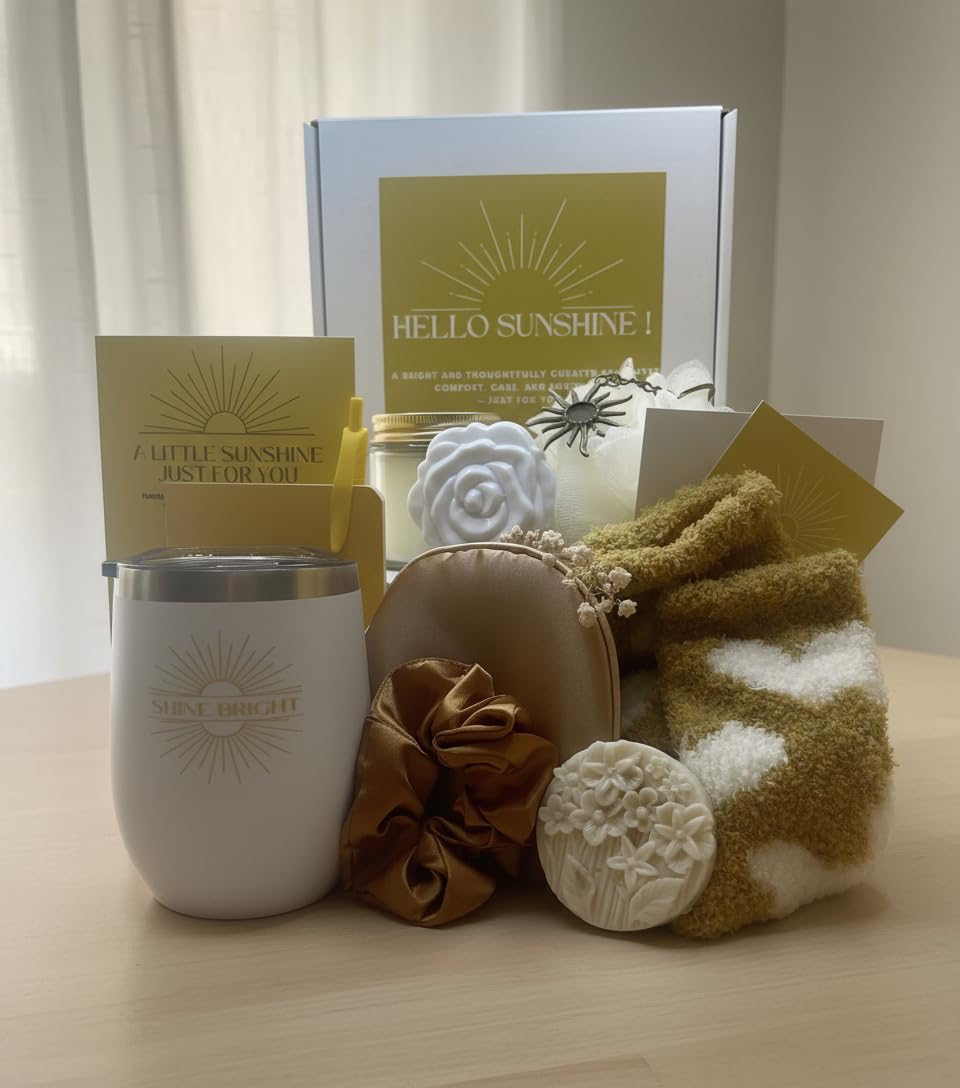 Sunshine Care Package for Women – 10+ Piece Yellow Self-Care Gift Box with Tumbler Cup | Candle | Eye Mask | Cozy Socks | Handmade Soap | & More – Cheer Up, Birthday, Thinking of You Gift Set