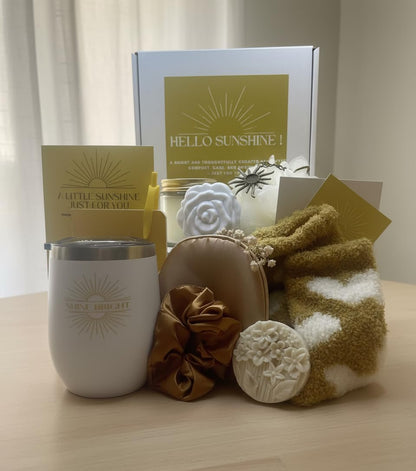 Sunshine Care Package for Women – 10+ Piece Yellow Self-Care Gift Box with Tumbler Cup | Candle | Eye Mask | Cozy Socks | Handmade Soap | & More – Cheer Up, Birthday, Thinking of You Gift Set