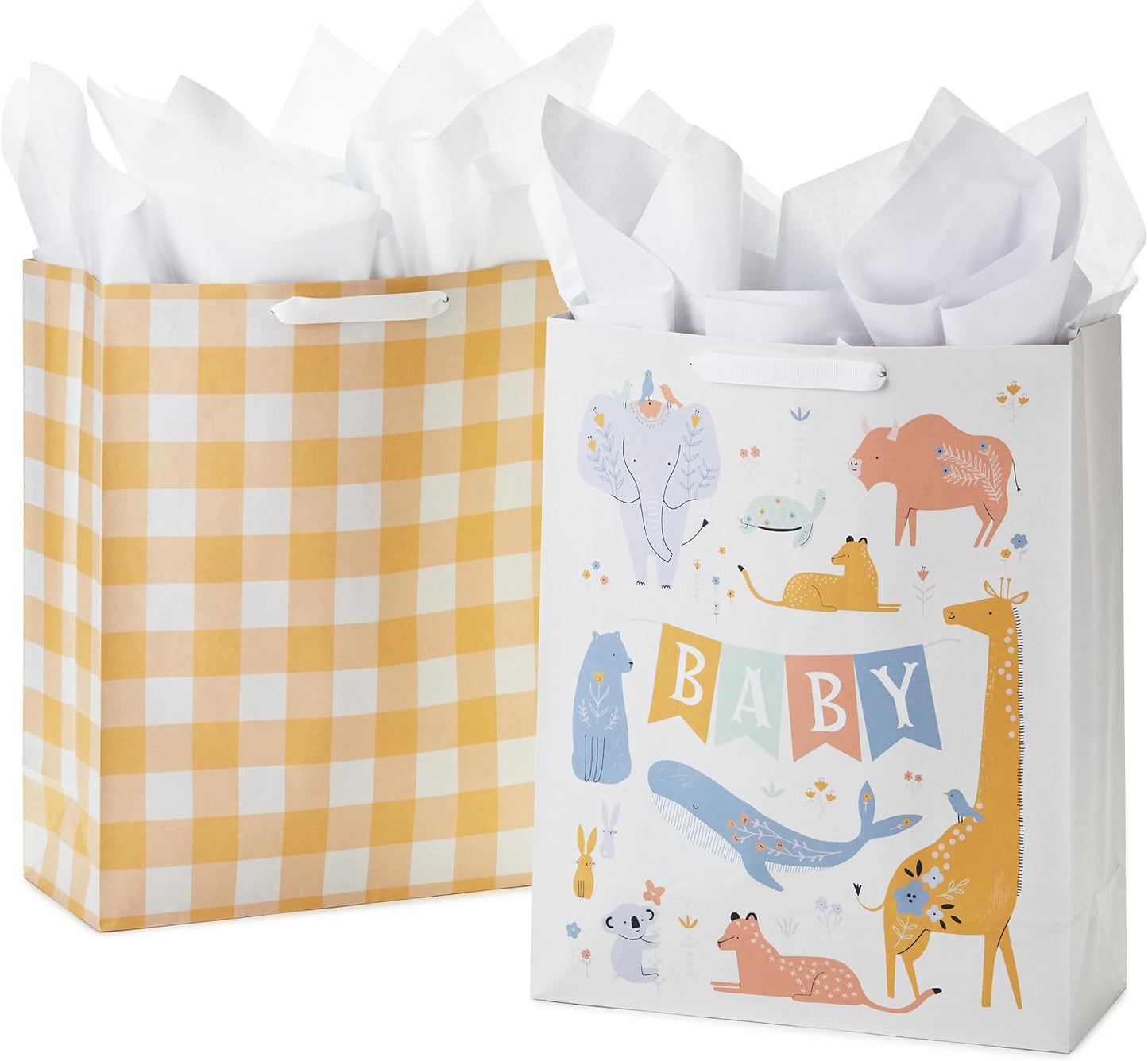 XL Gift Bags with Tissue, 2-Pack (Baby Animals, Yellow Gingham)