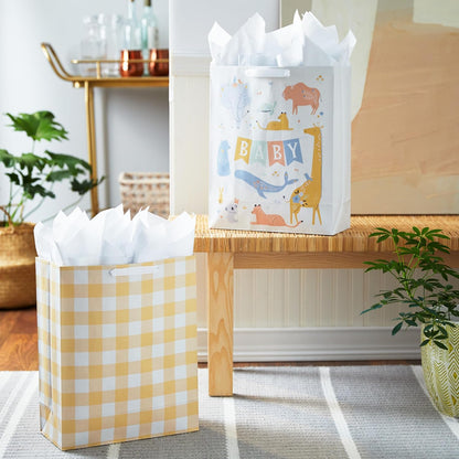 XL Gift Bags with Tissue, 2-Pack (Baby Animals, Yellow Gingham)