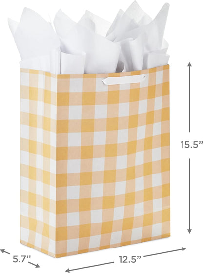 XL Gift Bags with Tissue, 2-Pack (Baby Animals, Yellow Gingham)