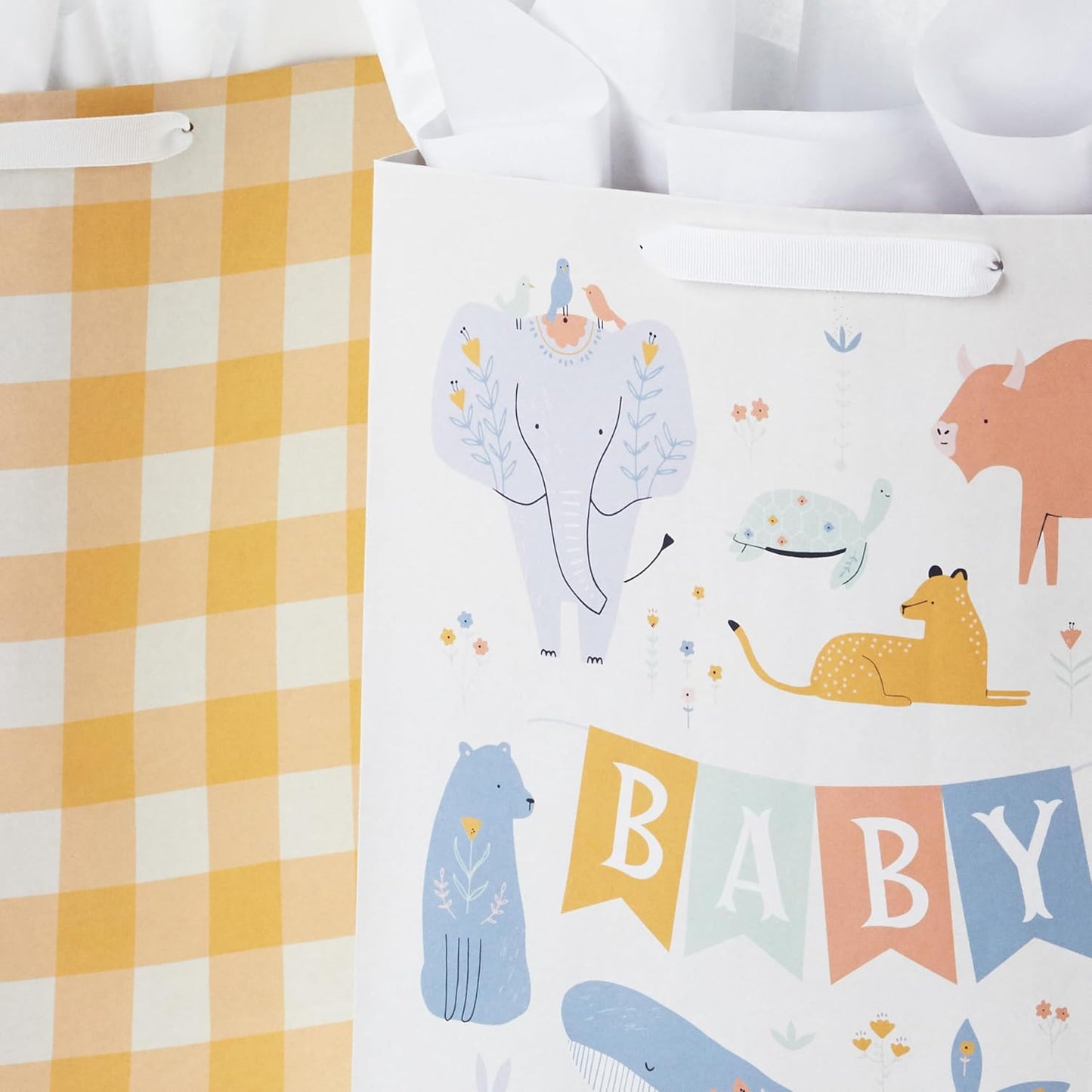 XL Gift Bags with Tissue, 2-Pack (Baby Animals, Yellow Gingham)