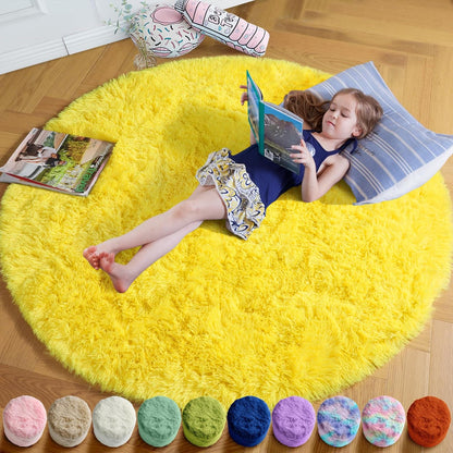 Yellow Round Circle Area Rug 4Ft for Bedroom Living Room, Fluffy Fuzzy Plush Rugs for Kids Room Decor Aesthetic, Cute Furry Shag Kawaii Circular Carpet for Classroom Nursery Dorm Toddler Baby
