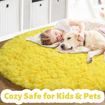 Yellow Round Circle Area Rug 4Ft for Bedroom Living Room, Fluffy Fuzzy Plush Rugs for Kids Room Decor Aesthetic, Cute Furry Shag Kawaii Circular Carpet for Classroom Nursery Dorm Toddler Baby