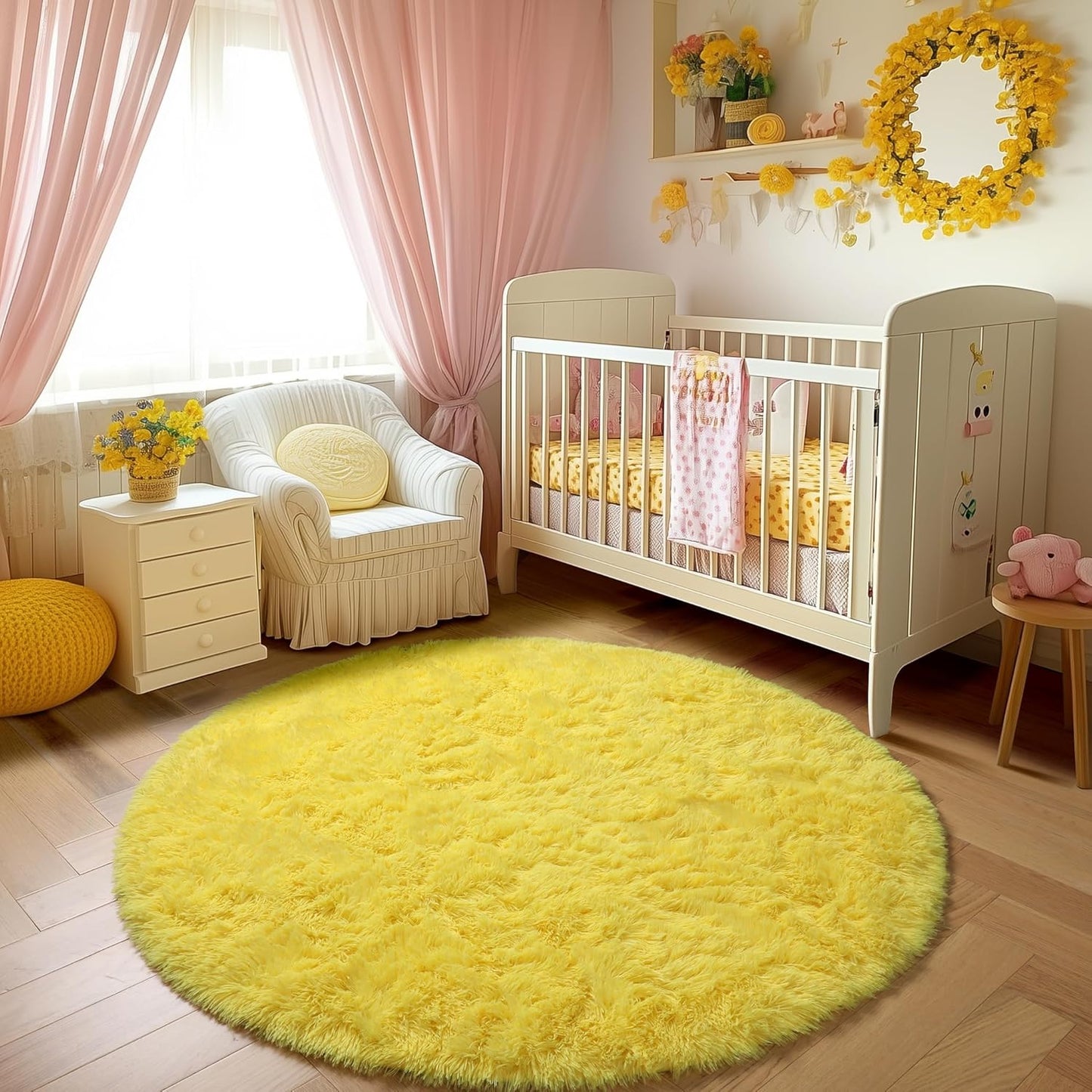 Yellow Round Circle Area Rug 4Ft for Bedroom Living Room, Fluffy Fuzzy Plush Rugs for Kids Room Decor Aesthetic, Cute Furry Shag Kawaii Circular Carpet for Classroom Nursery Dorm Toddler Baby