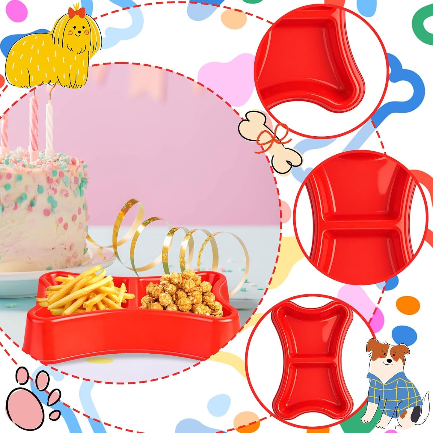 6 Pcs Dog Bone Plastic Bowls Dog Birthday Party Supplies Red Blue and Yellow Food Trays Dual Mouth Food Bowl for Table Puppy Party Decorations