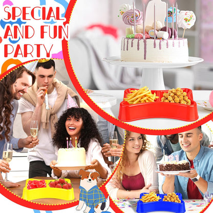 6 Pcs Dog Bone Plastic Bowls Dog Birthday Party Supplies Red Blue and Yellow Food Trays Dual Mouth Food Bowl for Table Puppy Party Decorations
